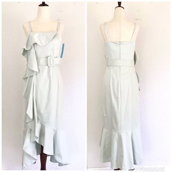 ANTONIO MELANI Draped Midi Dress Sleeveless Sheath Ruffle Mint Green Size 8 New - Picture 2 of 16